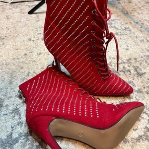 Elegant Red Lace-Up Heeled Boots